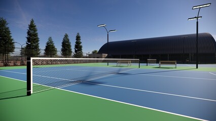outdoor tennis court with a blue and green surface, equipped with floodlights and lined with spectator benches © WINDERFULL STUDIO