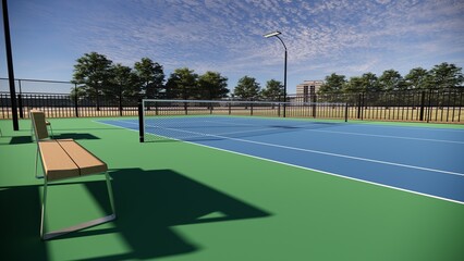bench of outdoor tennis court with a blue and green surface, equipped with floodlights and lined  © WINDERFULL STUDIO