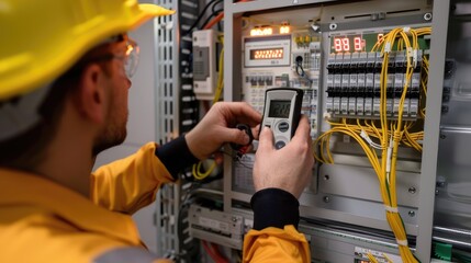 Fototapeta premium Electrical engineer using digital multimeter measuring equipment to checking electric current voltage at circuit breaker and cable wiring system in main power distribution board