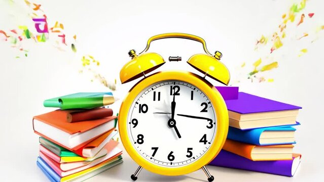A 3D educational alarm clock featuring school elements that emphasize going back to school Books and an alarm clock, the necessities for back-to-school, are isolated on a white background 
