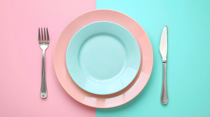 Cutlery, fork, knife, spoon and empty plate on a colored background. AI Generated
