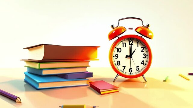 alarm clock with school elements that highlight a return to school in 3D education Isolated on a white background, vintage retro style, essentials for back-to-school: books and an alarm clock