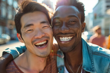 Obraz premium Under the warm and radiant sunlight, two joyful individuals are strengthening their bond and expressing love and happiness, representing affection and unity