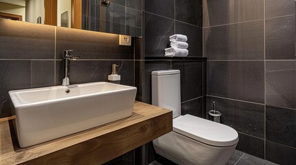 A modern bathroom with white tile walls and a checkerboard black and white tiled floor