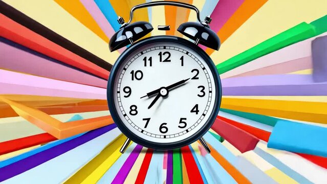 A 3D learning education element highlights back-to-school. Alarm clock with illustrations of school supplies such as backpacks, markers, erasers, and other items, along with icons for going back to cl