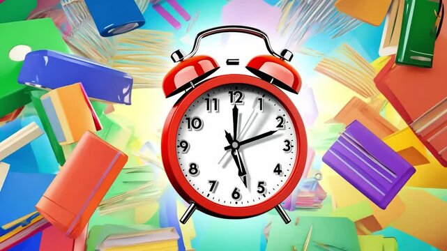 A 3D learning education element highlights back-to-school. Alarm clock with illustrations of school supplies such as backpacks, markers, erasers, and other items, along with icons for going back to cl
