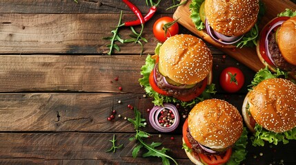 Juicy Burgers with Tempting Toppings on a Rustic Wooden Table
