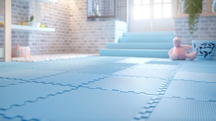 Obraz premium Pastel blue rubber mats in a basement, offering a soft and serene environment for a childrena??s play area