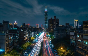 Obraz premium A city at night with long exposure of traffic