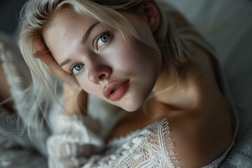 Fototapeta premium A beautiful blonde woman laying on top of a bed