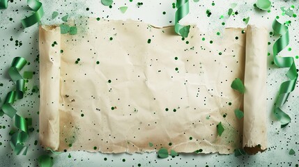 Green confetti falling around a blank parchment scroll for text 