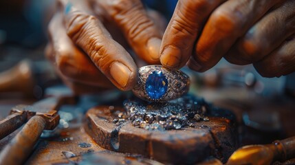 A close-up of a jeweler setting gemstones into a custom-designed ring.
