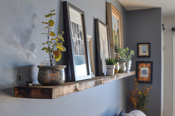 A rustic shelf with black picture frames, potted plants, and framed artwork on an aged wood wall in the entryway of my home. The warm gray-blue walls create a cozy atmosphere for interior design