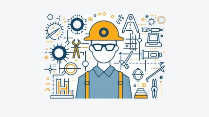 Modern illustration of a working engineer dressed in work clothes surrounded by work tools.