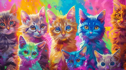 Vibrant collage of cat portraits with various styles and textures in a modern design