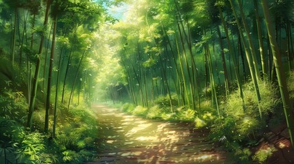 Obraz premium An enchanting bamboo forest path bathed in dappled sunlight.