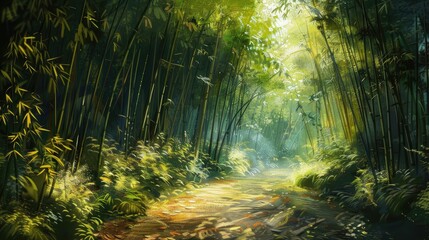 Obraz premium An enchanting bamboo forest path bathed in dappled sunlight.