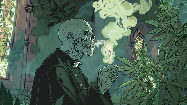 Undead priest smoking weed in the church with smoke all around him