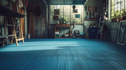 Powder blue rubber tiles in a garage, providing a serene and calming environment for creative projects