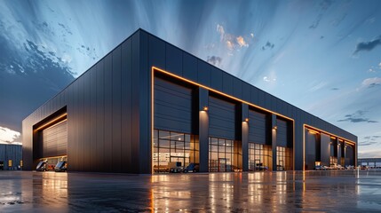 A black modern warehouse with glass facade at blue hour, wide angle, exterior view, photo realistic, cinematic light, sony alpha camera