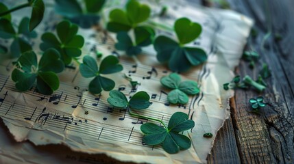 Celtic Harmony: Traditional Irish Music Sheet with Green Notes and Shamrock Embellishments