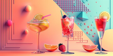 A vibrant and creative display of cocktails set against a geometric pastel background with bold shapes and colors.