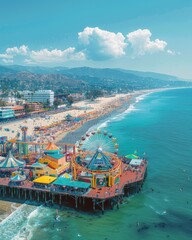 Santa Monica Pier with Ferris wheel and beach. blue sky, bright colors of attractions