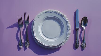 Cutlery, fork, knife, spoon and empty plate on a colored background. AI Generated