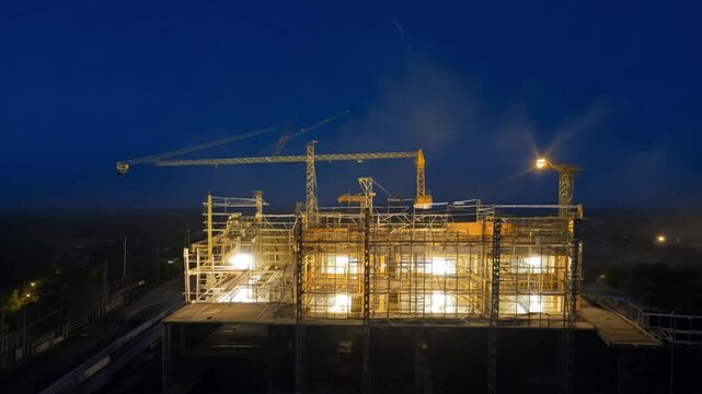 Aerial view of the time-lapse At a construction site plant surrounded by industrial architecture at night, steel structures and cranes are on display against a deep blue sky.