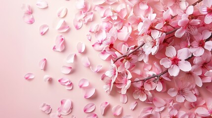 Fototapeta premium Pink cherry blossoms and petals on pink background. Beautiful pink cherry blossoms and petals scattered on a soft pink background. Perfect for spring, nature, and floral designs.