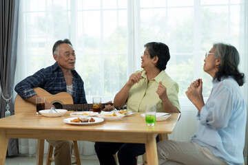 Three Senior friends bonding over music, singing and laughter in party