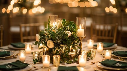 Enchanting Green and Gold Table Centerpiece with Clover Accents and Glowing Candles