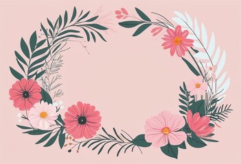 Obraz premium Colorful Pink Flowers and Grasses Line Art: Vector Illustration with Stylish Wreaths 