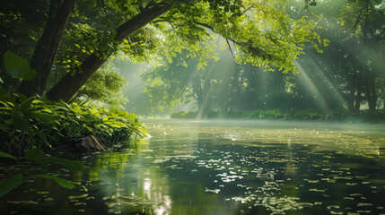 Obraz premium Sunlight beams through a verdant forest canopy, reflecting on a still river