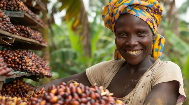 A smiling woman with a headwrap sells raw coffee beans at a market during Fairtrade Fortnight