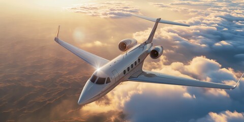 A private jet flying high above the clouds in bright sunlight, showcasing luxury travel in action. Luxury travel and tourism concept.