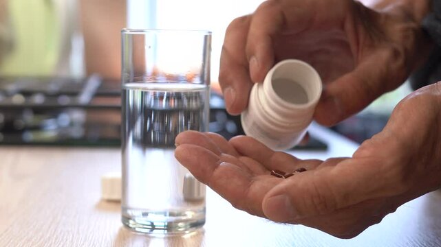 Older man's hand with pills and a glass of water