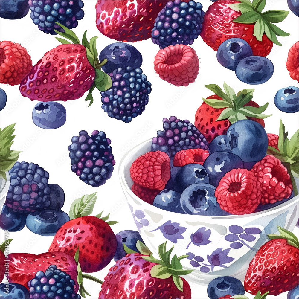 Wall mural Bowl of mixed berries including strawberries, blueberries, and raspberries