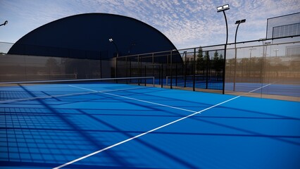 outdoor padel court with a blue surface, equipped with floodlights and glass © WINDERFULL STUDIO