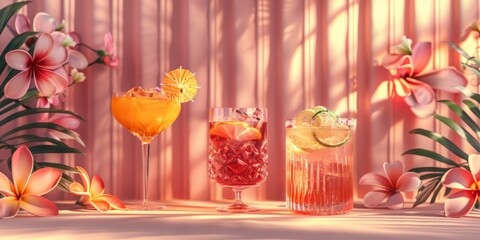 A delightful display of tropical cocktails garnished with citrus and adorned with floral decorations, set against a pink backdrop.