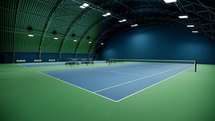 corner view of indoor tennis court adorned with a vibrant blue and green surface, equipped with lights and lined with spectator benches © WINDERFULL STUDIO