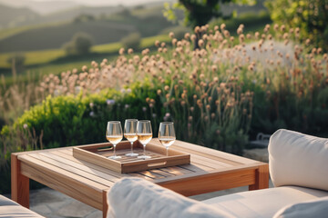 Obraz premium White wine in glasses in the lounge area with modern furniture and views of the green hills