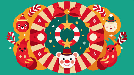 Festive Holiday Wreath with Cartoon Characters and Sweets Illustration