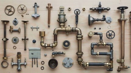 A meticulously arranged collection of plumbing parts and tools on a wooden surface, showcasing a variety of metal fittings, valves, and pipes