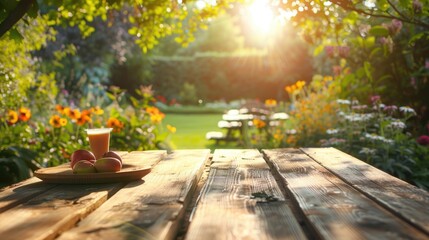 Fototapeta premium A rustic wooden table foregrounds a blur of colorful garden flowers bathed in sunlight.