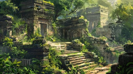 Naklejka premium A detailed illustration of ancient ruins amidst lush greenery, showcasing weathered stone architecture and a sense of historical mystery