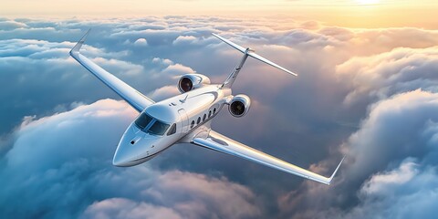 A private jet flying high above the clouds in bright sunlight, showcasing luxury travel in action. Luxury travel and tourism concept.