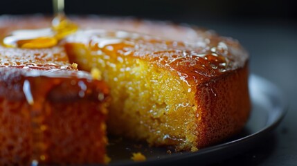 Honey cake baked to perfection, its surface glistening with a honey glaze that enhances its natural sweetness
