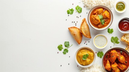 A variety of food is displayed on a white table, including shrimp, broccoli