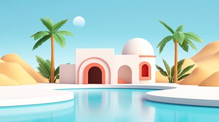 Obraz premium 3D illustration of a white desert oasis with palm trees and pool.